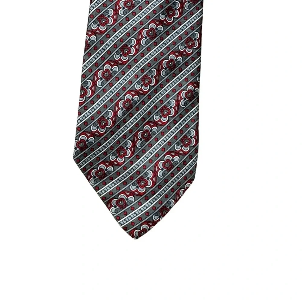 Christian Dior Cravates Silk Tie Grey Red Floral Medallion Stripe Raleighs Mens